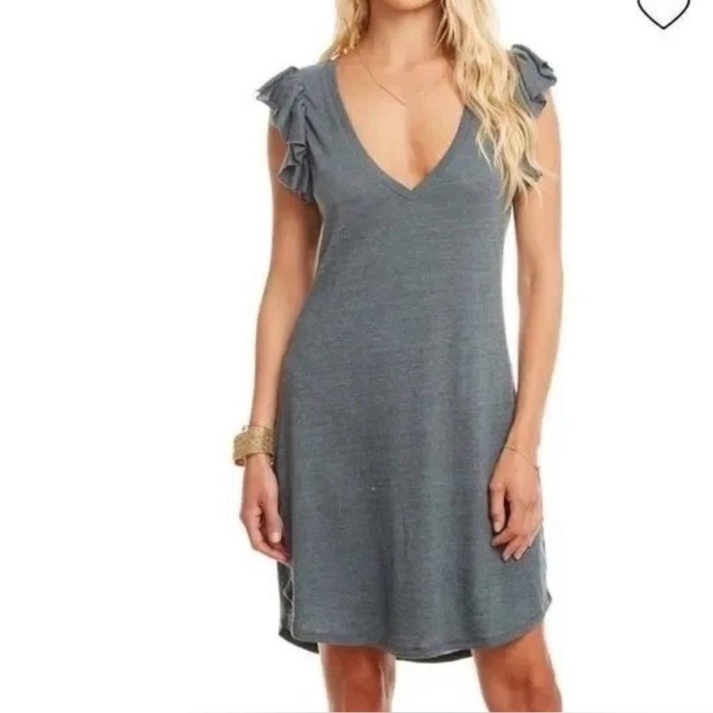 Chaser Revolve Jersey Flutter Sleeve Dress Hi-Lo V-Neck Heather Gray Size Small
